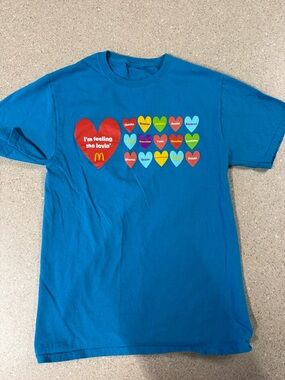 Vintage McDonald's Teal Blue  Tee with Multicolor Heart Graphics